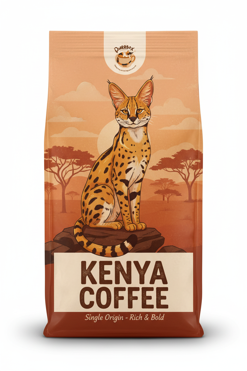 Kenya Coffee - Cat-themed label with Purrbox logo