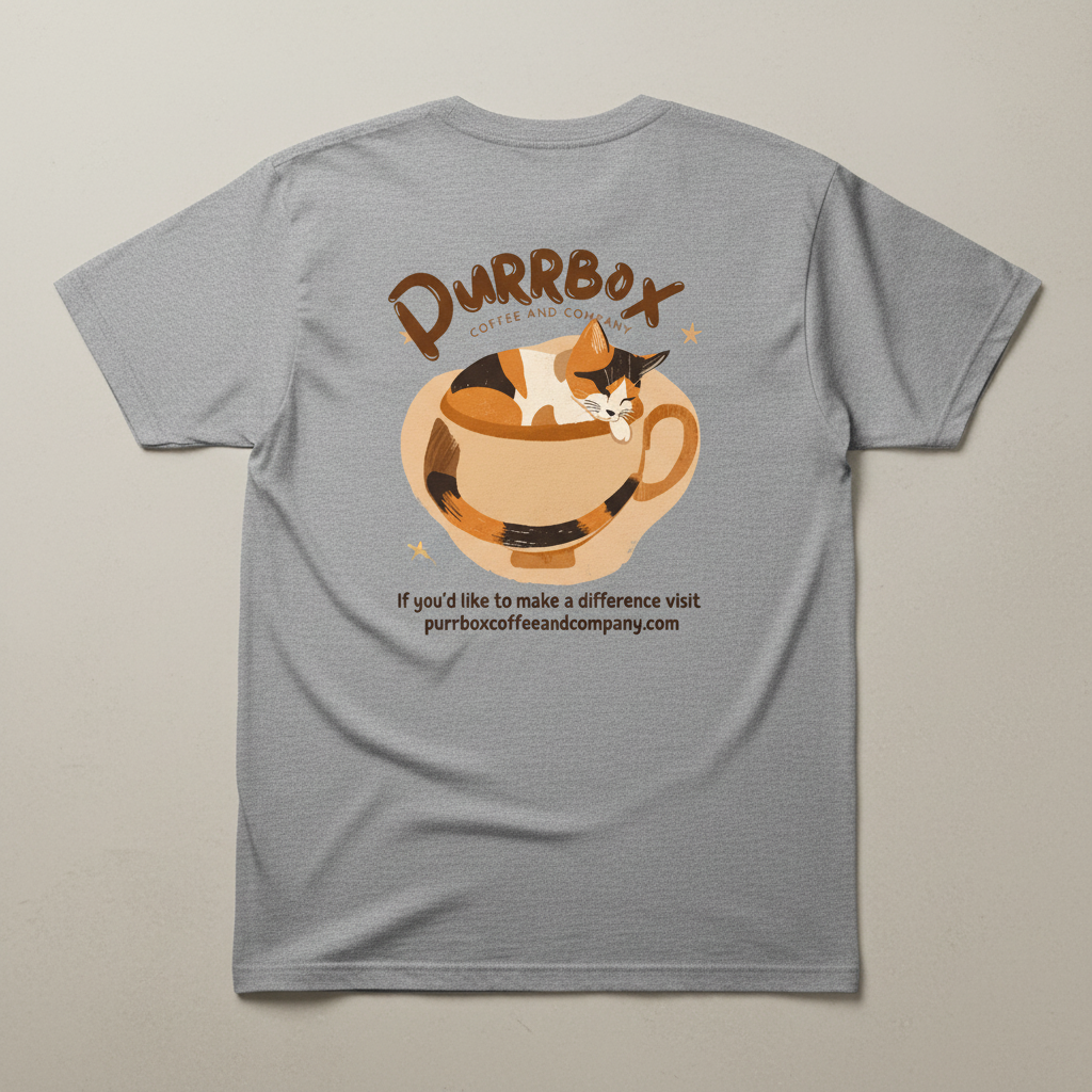 Grey tee back mockup with Purrbox logo