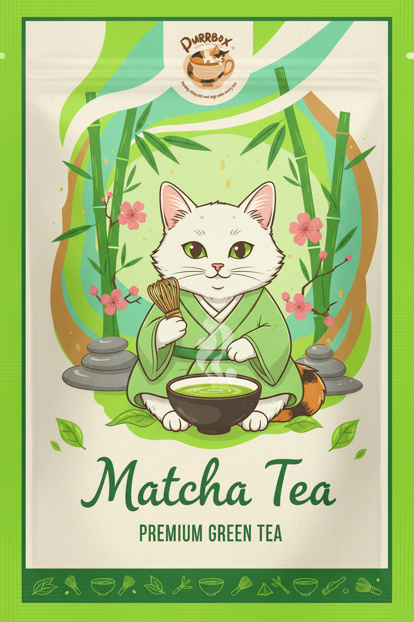 Matcha Tea packaging design with unique cat and Purrbox logo seal