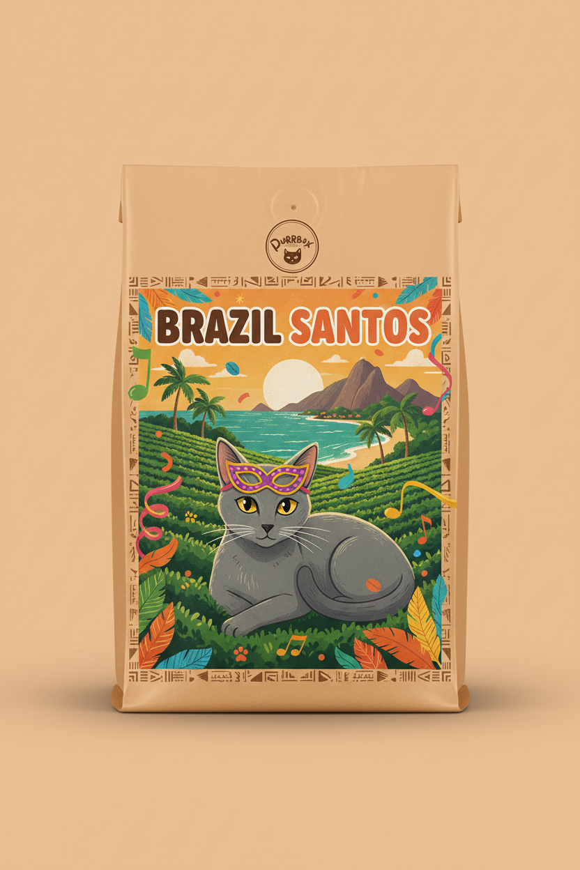 Brazil Santos Coffee - Cat-themed label with Purrbox logo