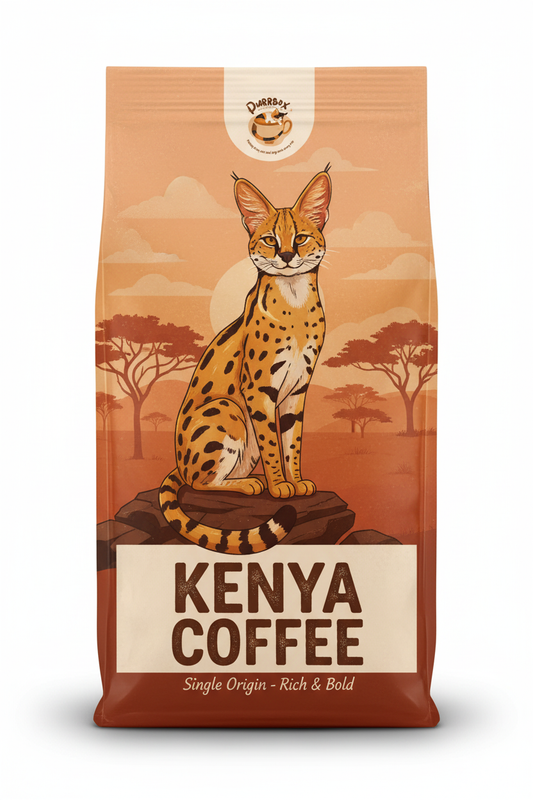 Kenya Coffee - Cat-themed label with Purrbox logo