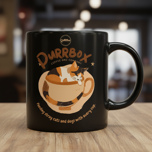 Black Glossy Mug - Orange cat design with Purrbox logo