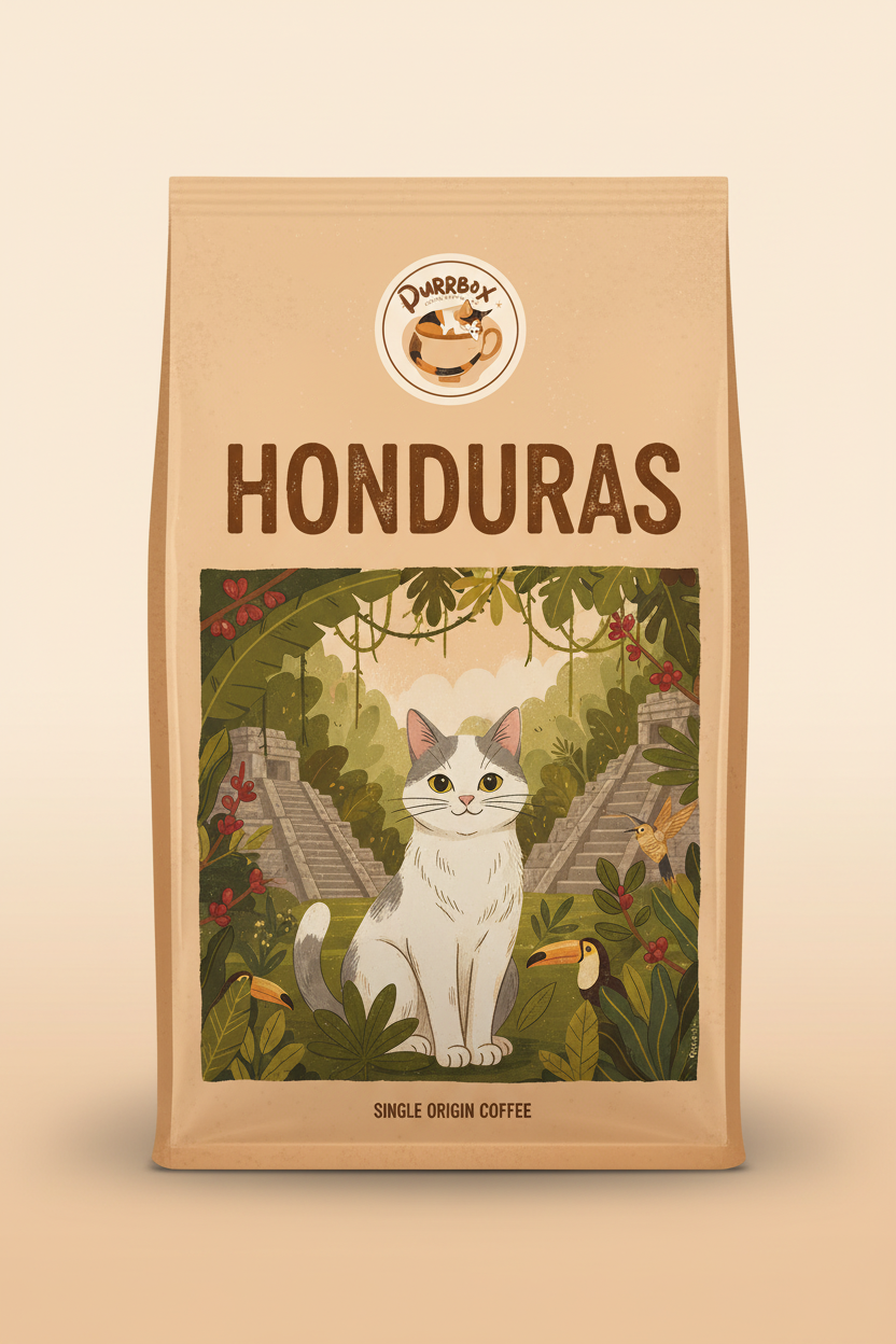 Honduras Coffee - Cat-themed label with Purrbox logo