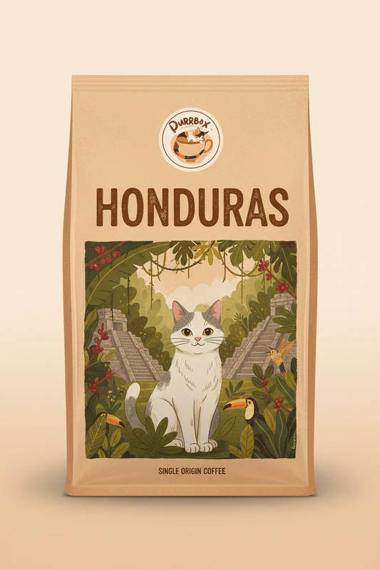 Honduras Coffee - Cat-themed label with Purrbox logo