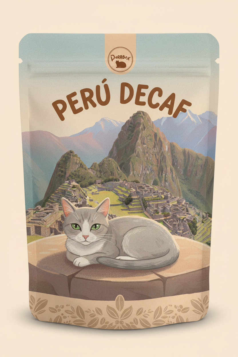 Peru Decaf Coffee - Cat-themed label with Purrbox logo