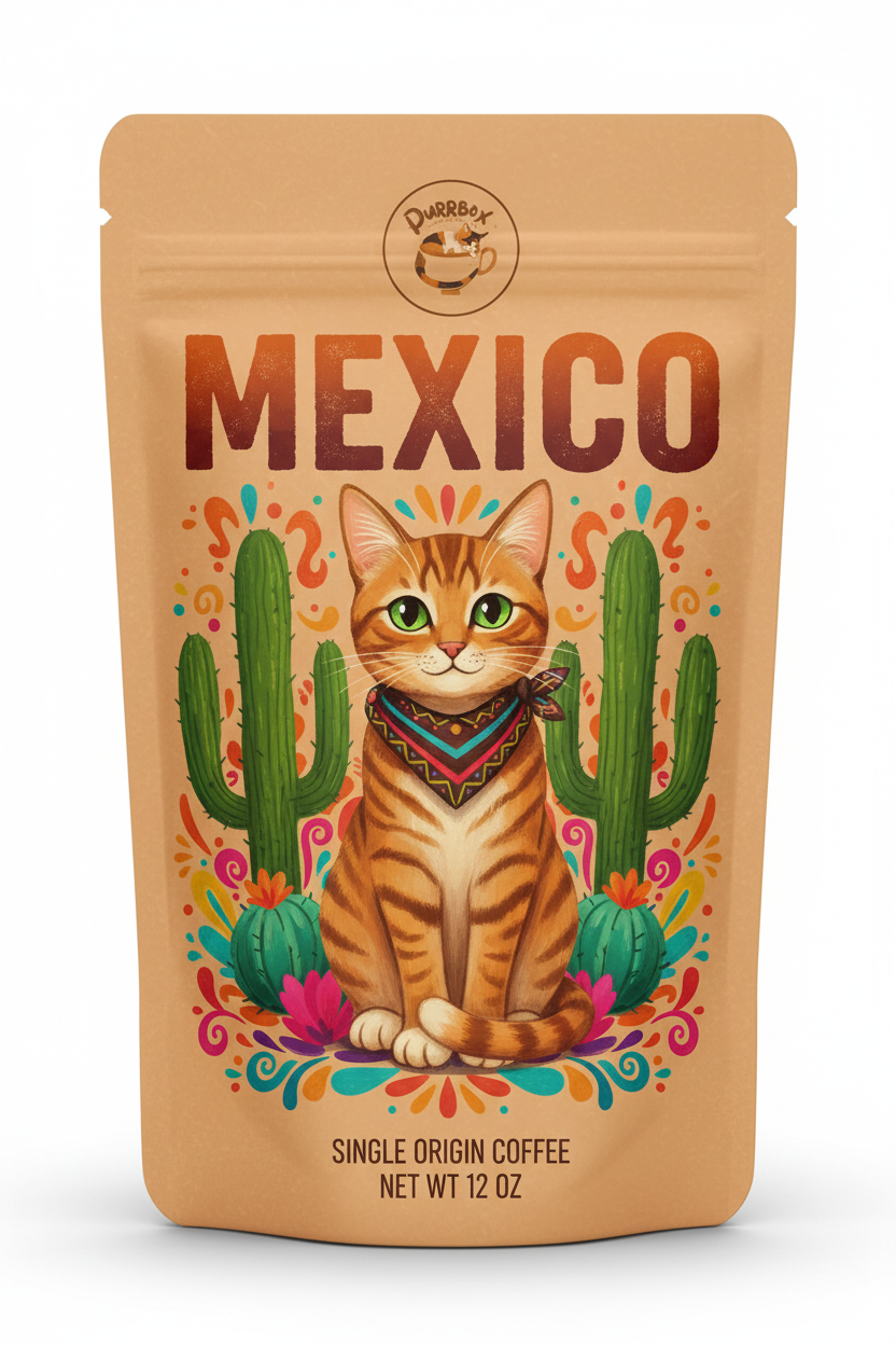 Mexico Coffee - Cat-themed label with Purrbox logo