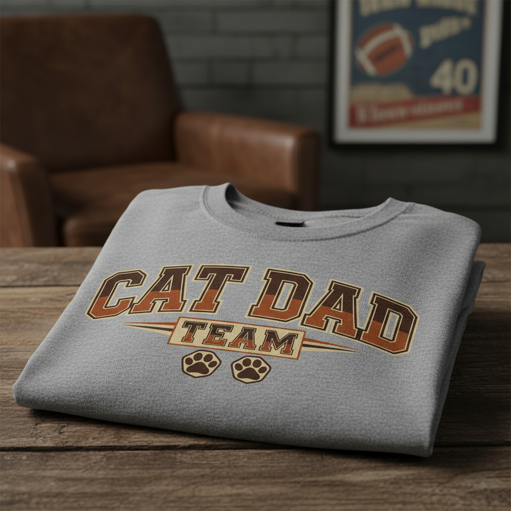 Grey tee front mockup with CAT DAD TEAM