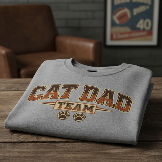 Grey tee front mockup with CAT DAD TEAM