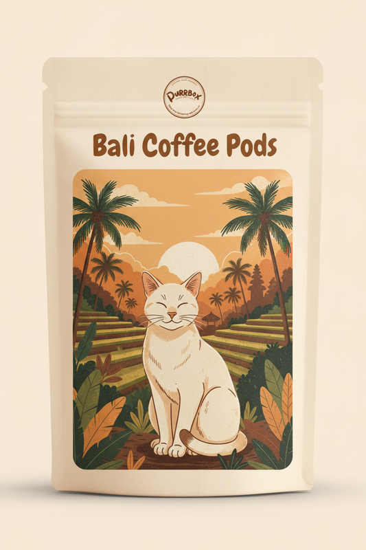 Bali Coffee Pods - Cat-themed label with Purrbox logo