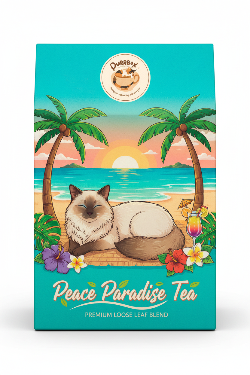 Peace Paradise Tea packaging design with unique cat and Purrbox logo seal