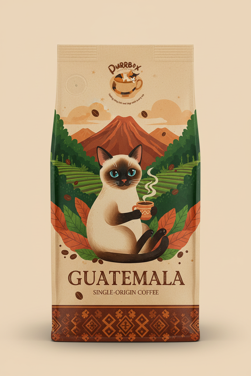 Guatemala coffee bag with volcanic highlands cat character and Purrbox logo
