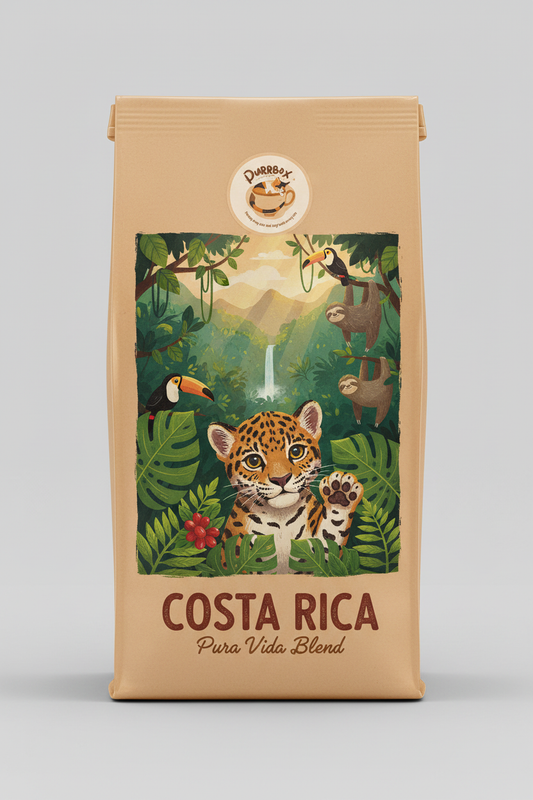 Costa Rica Coffee - Cat-themed label with Purrbox logo