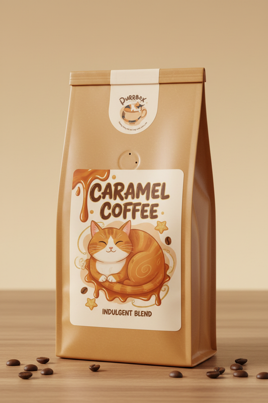 Caramel Coffee - Cat-themed label with Purrbox logo