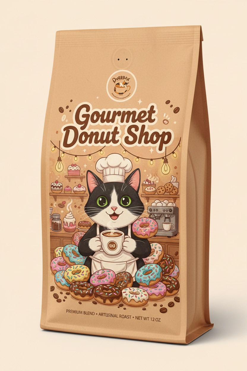 Gourmet Donut Shop Coffee - Cat-themed label with Purrbox logo