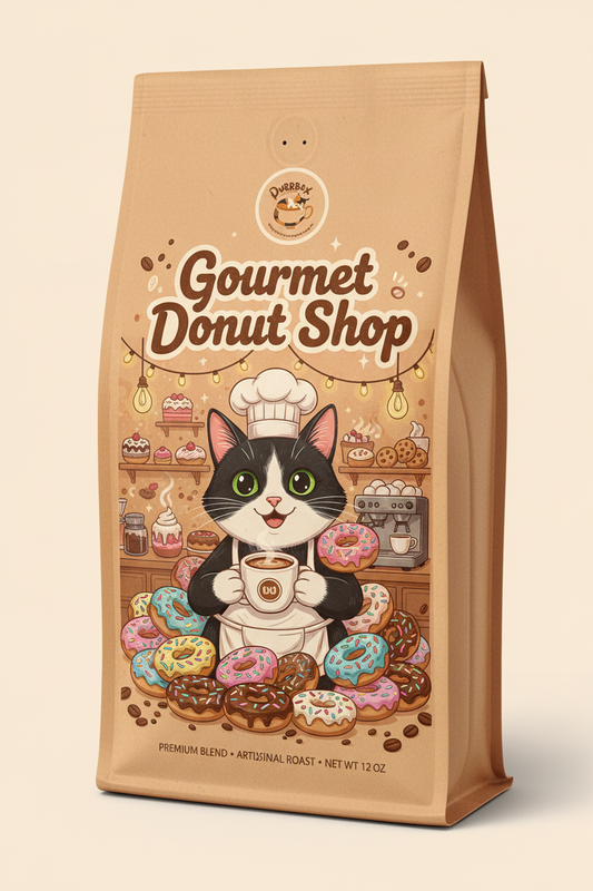 Gourmet Donut Shop Coffee - Cat-themed label with Purrbox logo