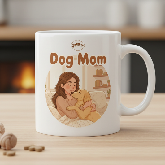 White Glossy Mug - Dog Mom design with Purrbox logo