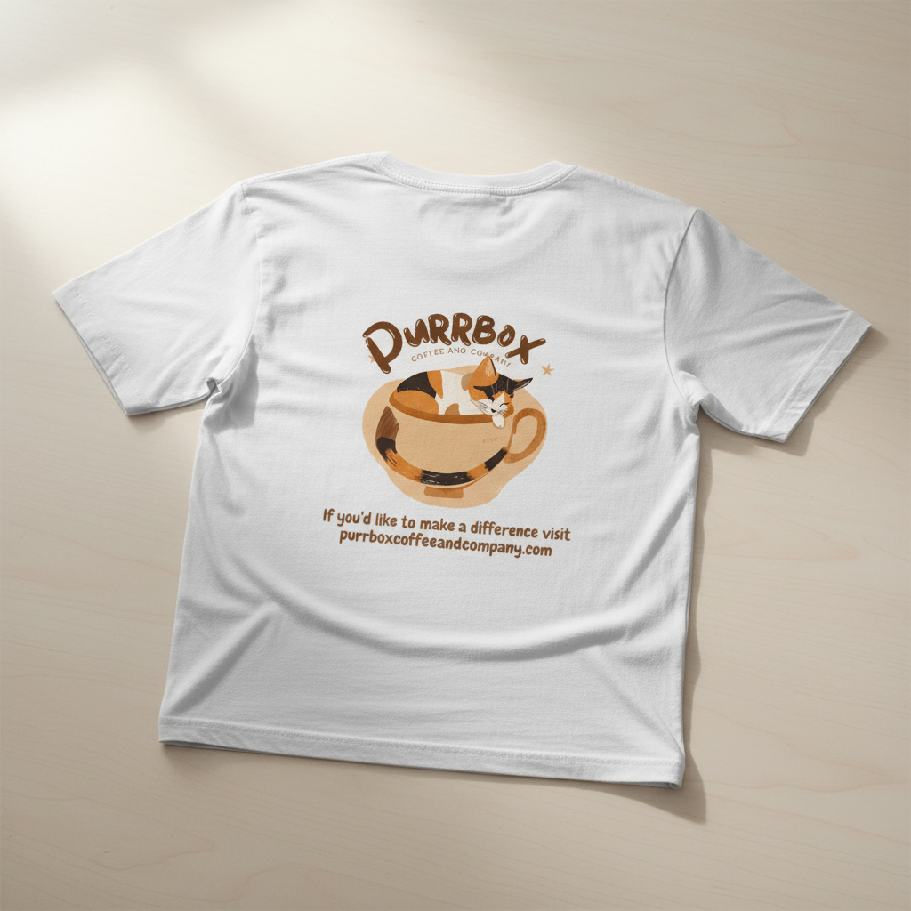 White tee back mockup with Purrbox logo