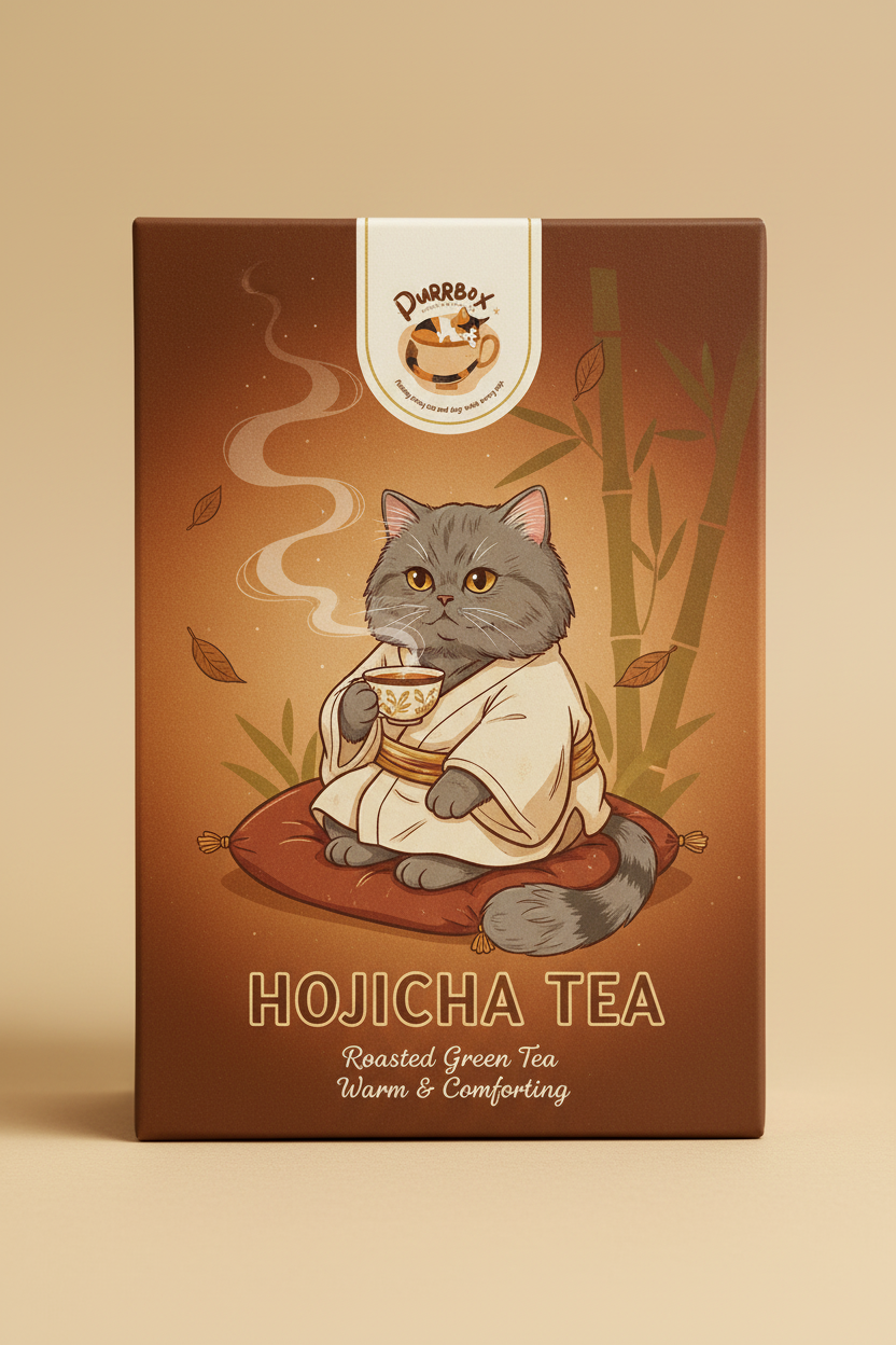 Hojicha Tea packaging design with unique cat and Purrbox logo seal