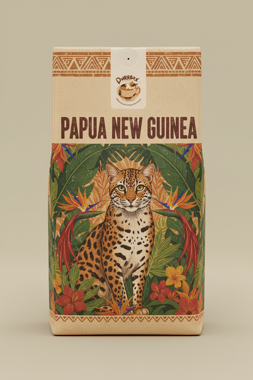 Papua New Guinea Coffee - Cat-themed label with Purrbox logo