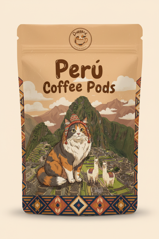 Peru Coffee Pods - Cat-themed label with Purrbox logo