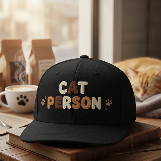 Black Structured Twill Cap with CAT PERSON design