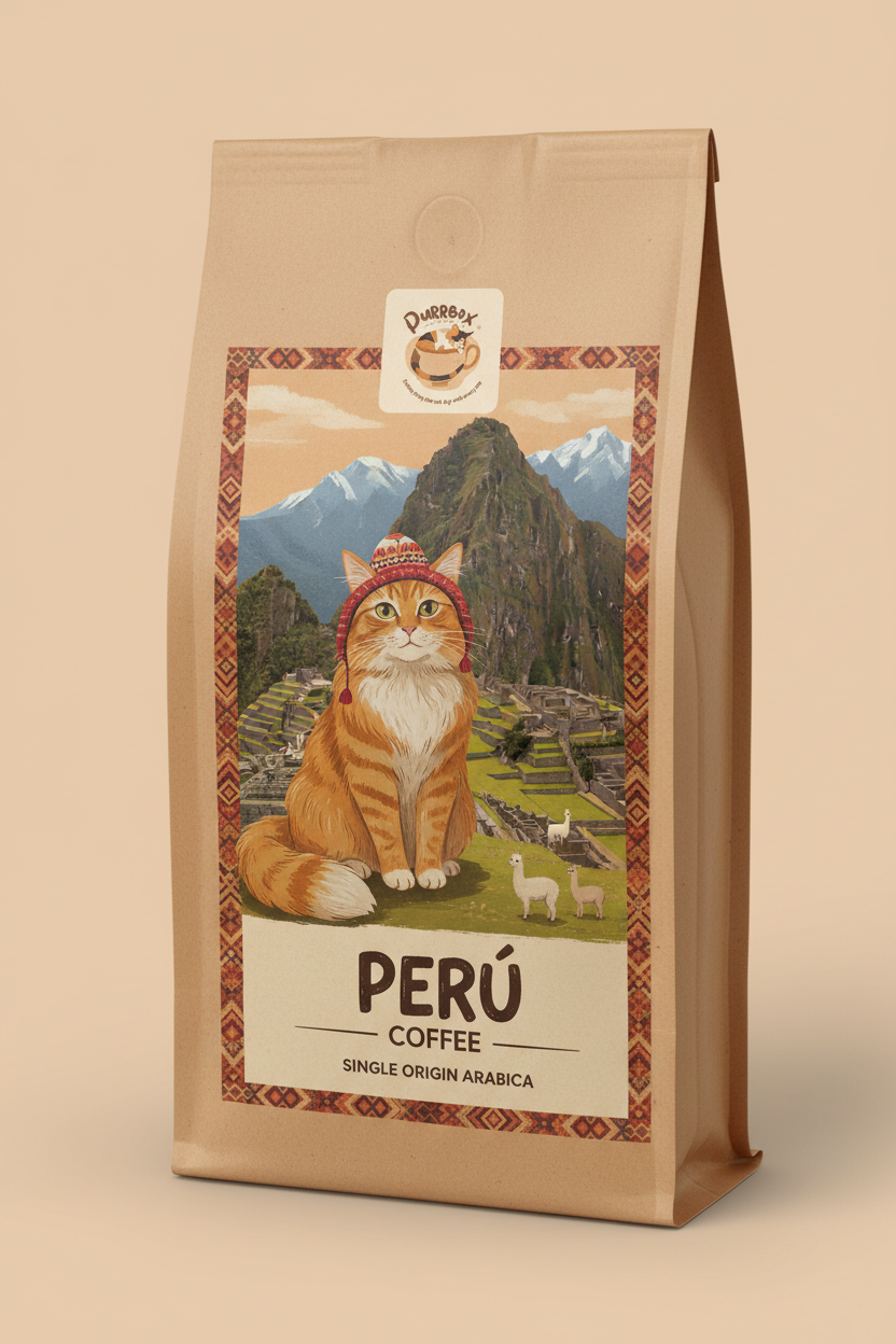Peru Coffee - Cat-themed label with Purrbox logo