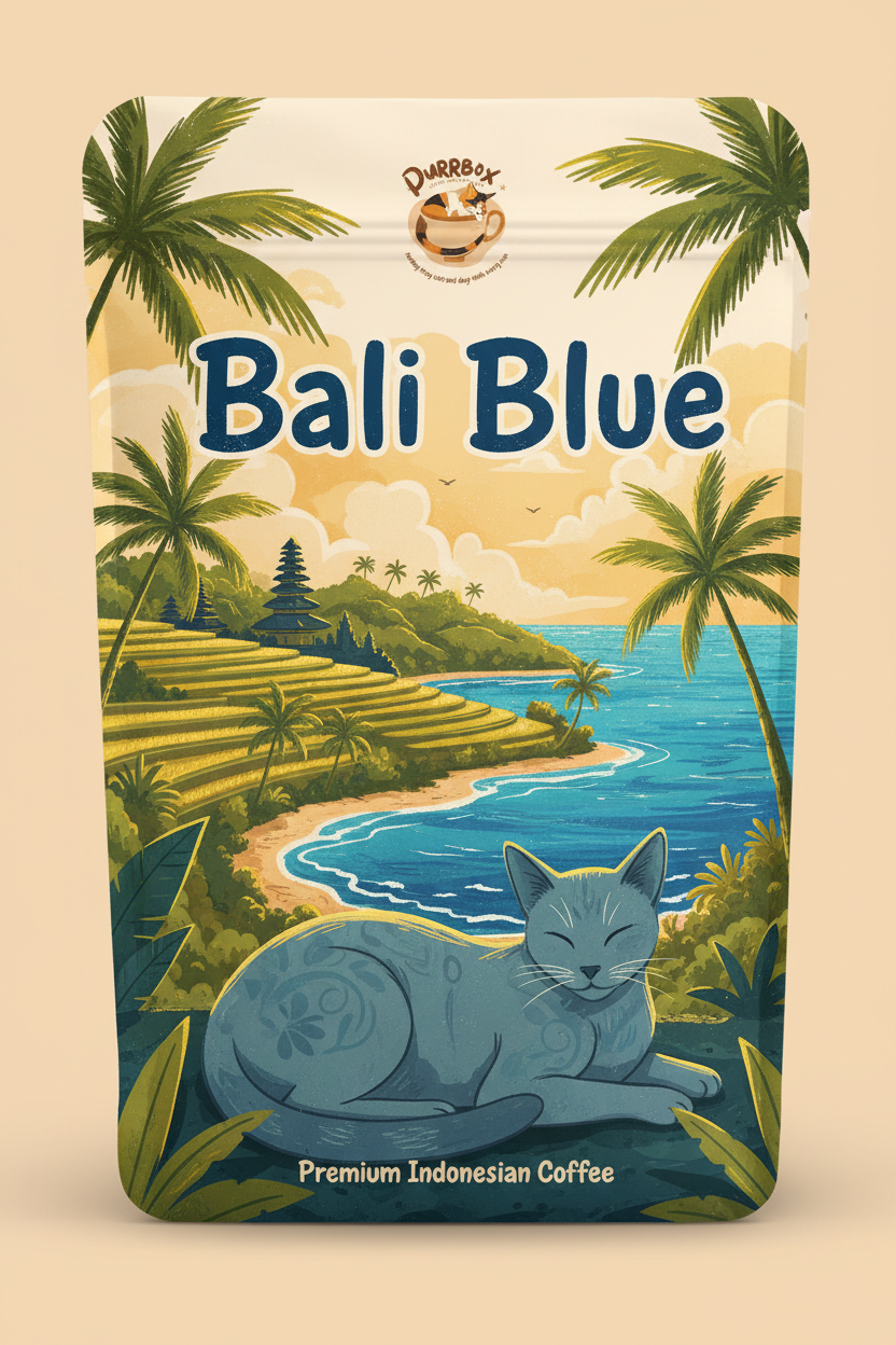 Bali Blue Coffee - Cat-themed label with Purrbox logo