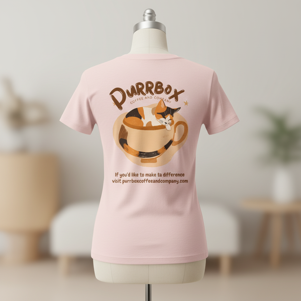 Light pink tee back mockup on mannequin with Purrbox logo