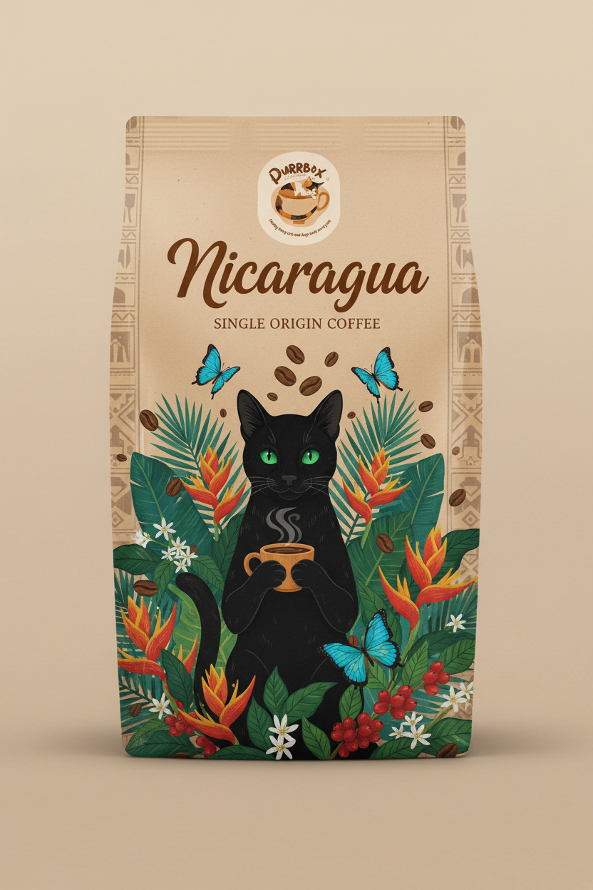 Nicaragua coffee bag with tropical cat character and Purrbox logo