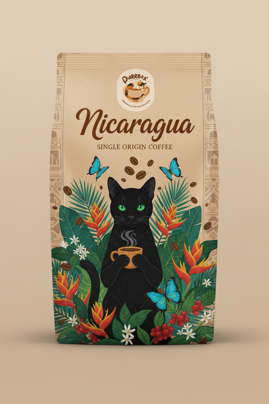 Nicaragua coffee bag with tropical cat character and Purrbox logo