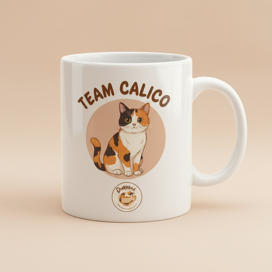 White Glossy Mug - TEAM CALICO design with Purrbox logo