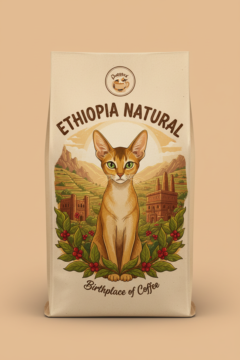 Ethiopia Natural Coffee - Cat-themed label with Purrbox logo