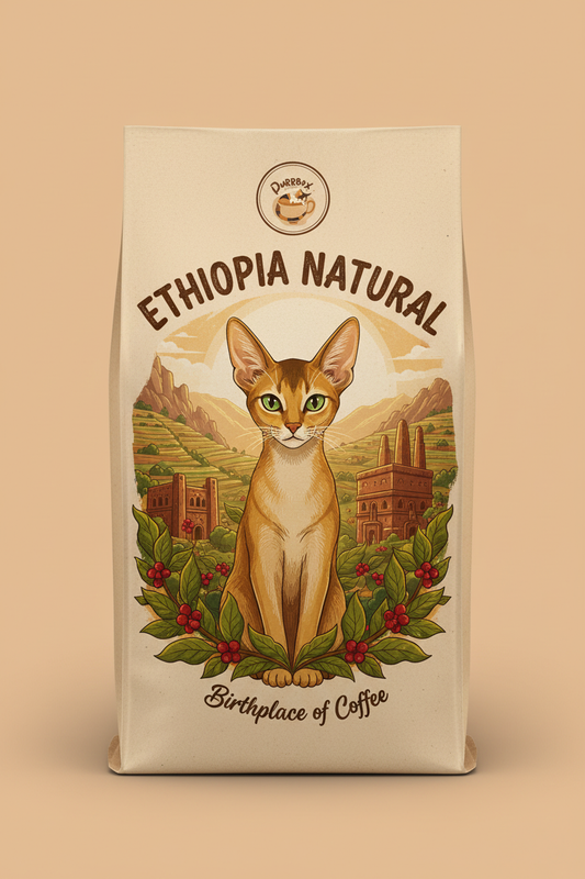 Ethiopia Natural Coffee - Cat-themed label with Purrbox logo