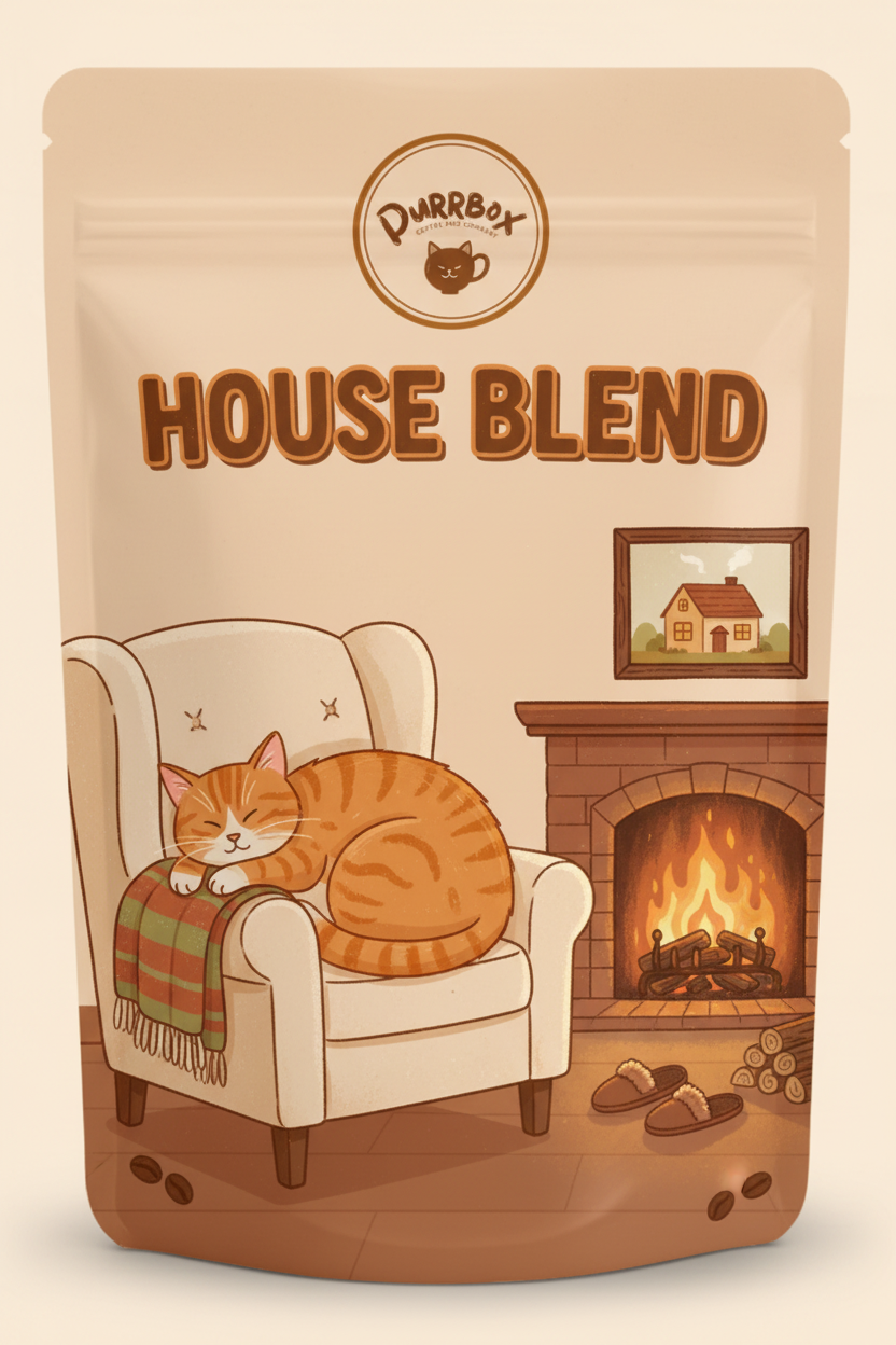 House Blend Coffee - Cat-themed label with Purrbox logo