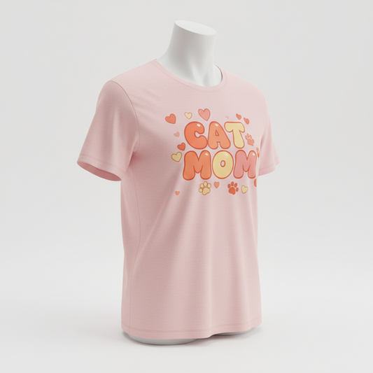 Light pink tee front mockup on mannequin with CAT MOM
