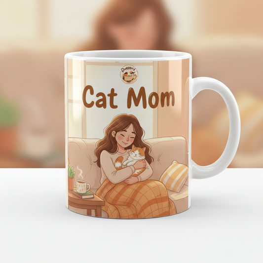 White Glossy Mug Cat Mom Design